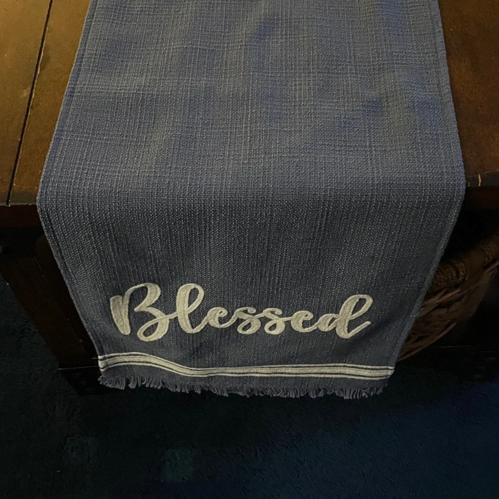 Blue Table Runner Farmer House Decor  with Fringe 13” X 72” Measured